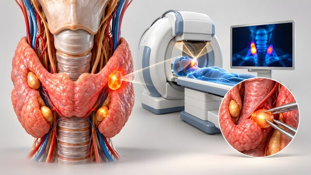 AI generated thyroid gland medical illustration with MRI diagnostic scan and endocrine surgery visualization