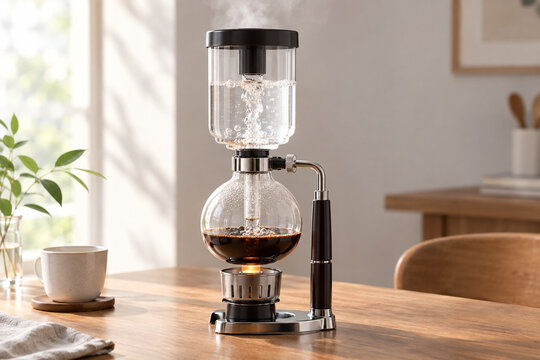 Transparent siphon coffee maker on a wooden table with steam and rising water.