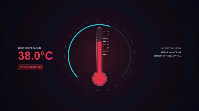 Digital body temperature HUD screen displaying a temperature rise from normal to high fever with red alert warning