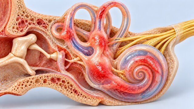 AI generated detailed 3D medical illustration of the human inner ear anatomy including cochlea and auditory nerves.