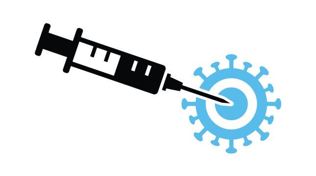 Medical syringe injecting blue coronavirus cell icon illustration with bold black lines and flat design