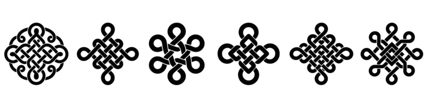 Set of six Chinese knot silhouettes, interlaced endless knot designs. Asian lucky charm icons for Lunar New Year and good fortune