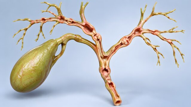 AI generated medical illustration of human gallbladder and biliary tree with detailed internal duct cross-section