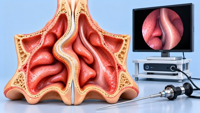 AI generated 3D Medical Illustration of Nasal Septum Deviation and Endoscopic Sinus Surgery Procedure Visualization