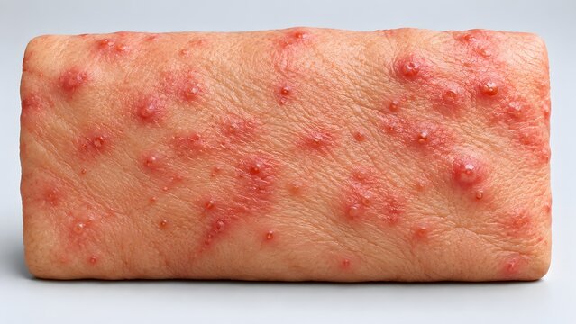AI generated medical illustration of monkeypox virus symptoms showing red skin rash with fluid-filled pustules