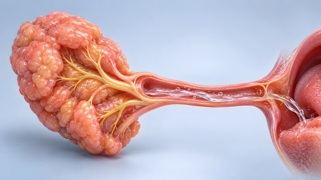AI generated 3D anatomical illustration of a human gland showing secretion duct and fluid transport system