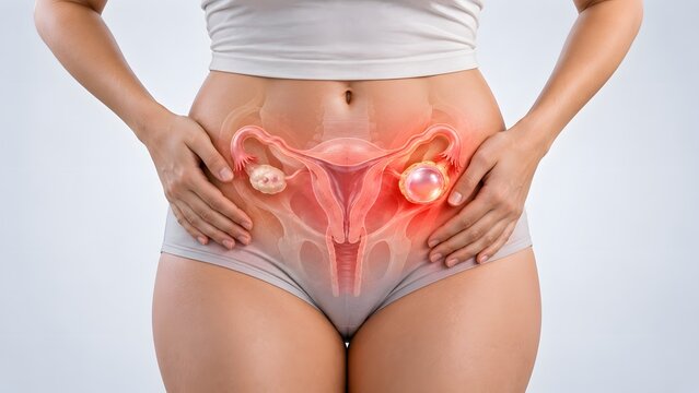 AI generated medical illustration of female reproductive system with ovarian cysts and uterus on woman torso.