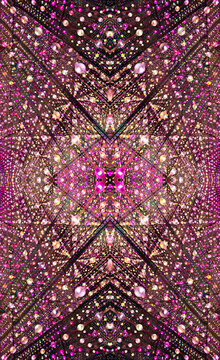immersive space glowing geometric shapes, lights, and mirrors, geometric shapes floating nearby, abstract cosmic backdrop