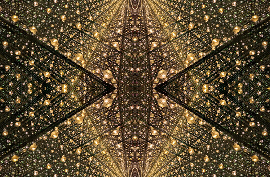 immersive space glowing geometric shapes, lights, and mirrors, geometric shapes floating nearby, abstract cosmic backdrop