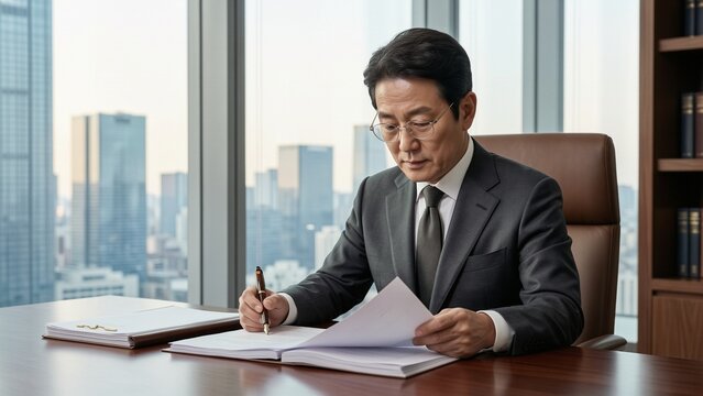 Business - Asian businessman signing contract in modern office with city view