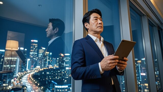 Business - Asian businessman holding a tablet in a high-rise office at night