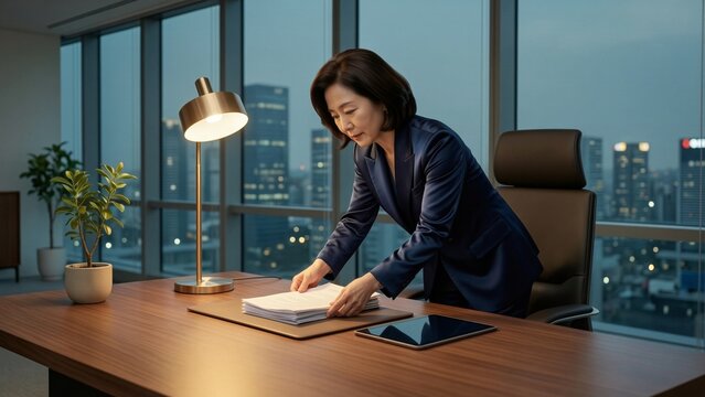Business - Asian businesswoman organizing papers on desk in office at night