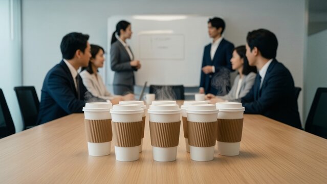 Business - Asian business team in a corporate meeting with coffee cups on the table