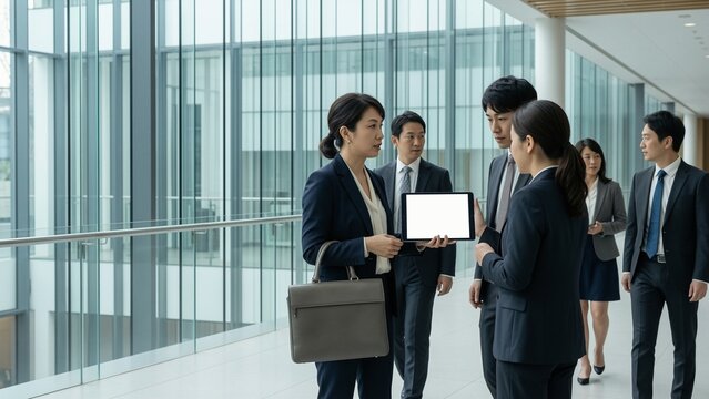 Business - Asian business team discussing strategy with tablet in corporate office hallway