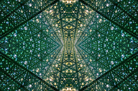 immersive space glowing geometric shapes, lights, and mirrors, geometric shapes floating nearby, abstract cosmic backdrop
