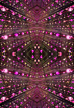 immersive space glowing geometric shapes, lights, and mirrors, geometric shapes floating nearby, abstract cosmic backdrop