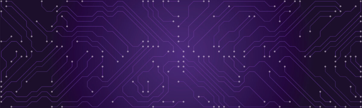 Dark purple background, featuring a complex, electronic circuit board, pattern with interconnected, lines and nodes, creating a digital, network technology and, computing concepts