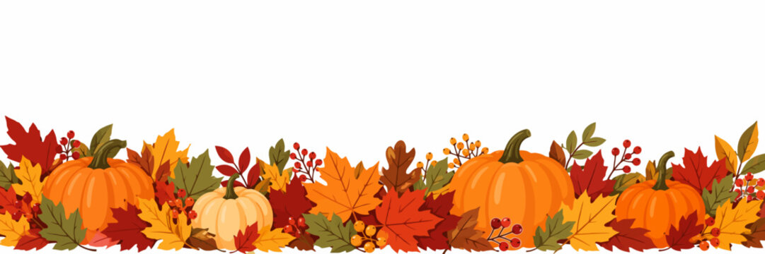 Autumn Pumpkin and Colorful Fall Leaves Horizontal Lower Border with Large White Copy Space