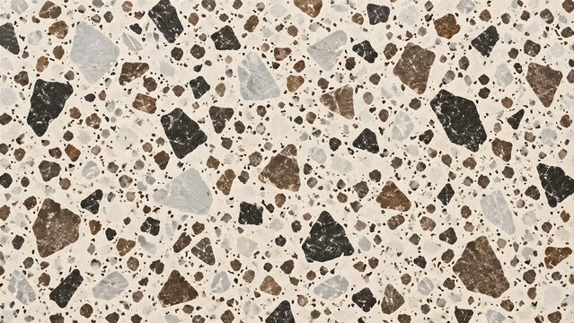 Seamless terrazzo pattern with irregular chips of brown black and grey embedded in a light beige cementitious background offering a textured and modern surface.