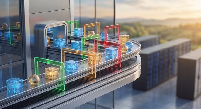Futuristic 3D rendering of a smart factory conveyor belt with AI-powered object tracking and automated quality control systems