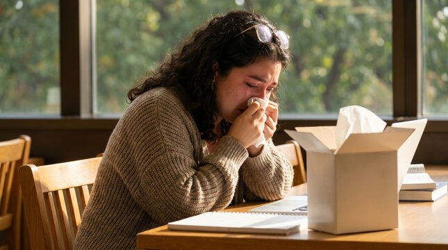A tired young woman sitting at a desk doing homework is blowing her nose into a white tissue, appearing sick and exhausted as she tries to power through studying despite feeling under the weather.