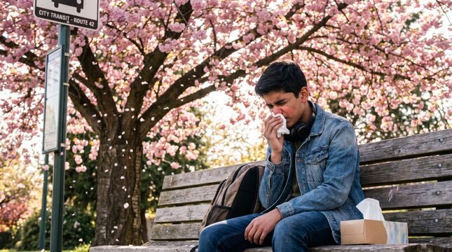 A young man sitting alone on a park bench beneath blooming cherry blossom trees is blowing his nose into a tissue, looking completely miserable while suffering from severe spring seasonal allergies.