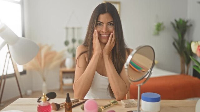 Woman with hands on cheeks smiling at mirror on a vanity table with skincare jars and brushes in a studio setting; gentle joy.