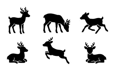 Fototapeta premium Deer silhouettes set with standing, grazing, running and resting poses for Christmas and wildlife design