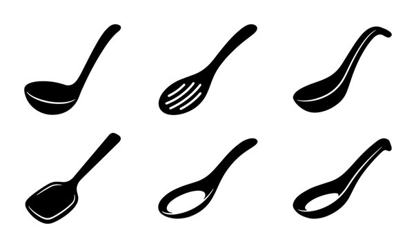 Spoon silhouettes set with ladle, slotted spoon, and serving spoons for cooking and food preparation logo
