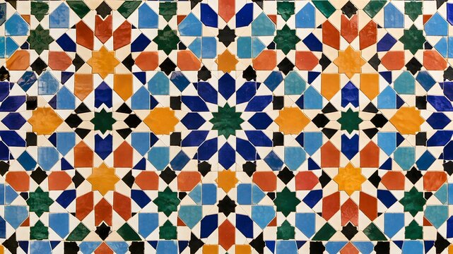 Intricate Moroccan mosaic tile pattern with geometric star shapes in vibrant blue orange green and red colors creating a complex symmetrical design