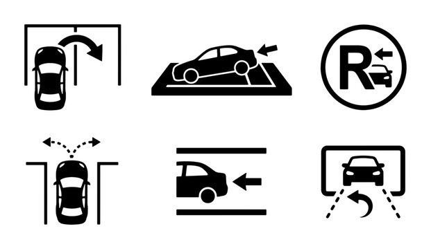 Parking maneuver silhouettes set with car turning, reversing and parallel parking for signage and app design