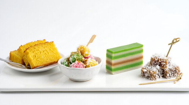 Vibrant Indonesian Traditional Cakes Sweet Delights and Cultural Desserts on White