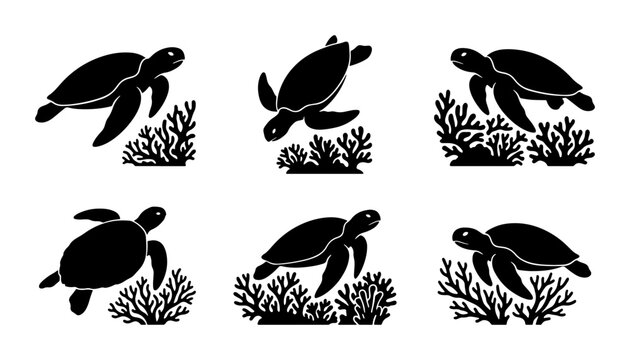 Sea turtles swimming over coral reefs black silhouette icons