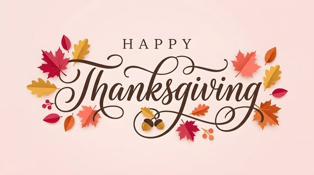 Happy thanksgiving decorative text with autumn leaves and acorns design