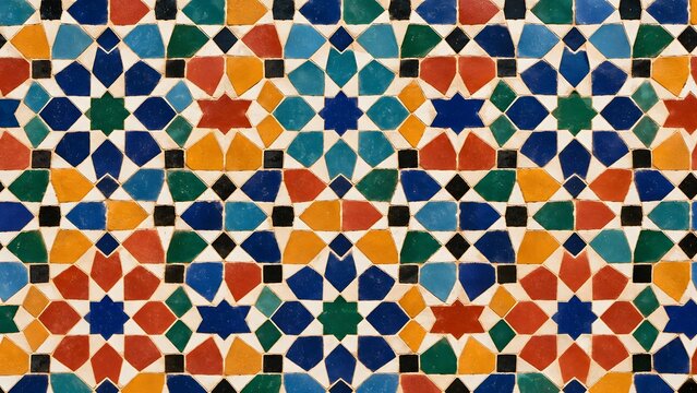Intricate geometric mosaic tile pattern with vibrant colors in blue red green and yellow featuring star and diamond shapes creating a traditional Moroccan or Islamic design.
