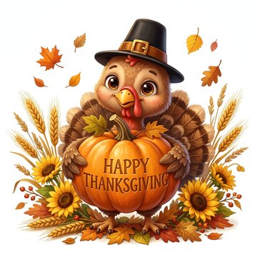 Cute cartoon turkey with pumpkin wishing happy thanksgiving surrounded by autumn leaves and flowers