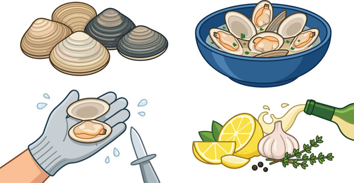 Fresh Clams Seafood Cooking Vector Icon Set Featuring Raw Shellfish Clam Chowder Soup Hand Shucking With Knife Lemon Garlic And White Wine Graphics