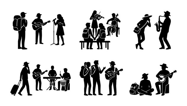 Street musicians and buskers performing music for travelers
