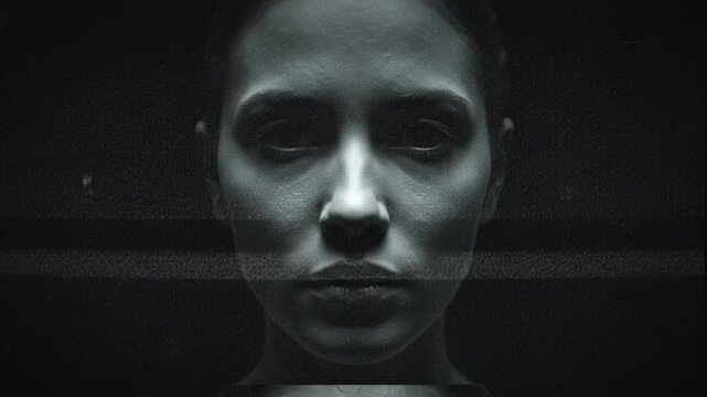 Close up glitch face of woman in dark digital abstract background motion.