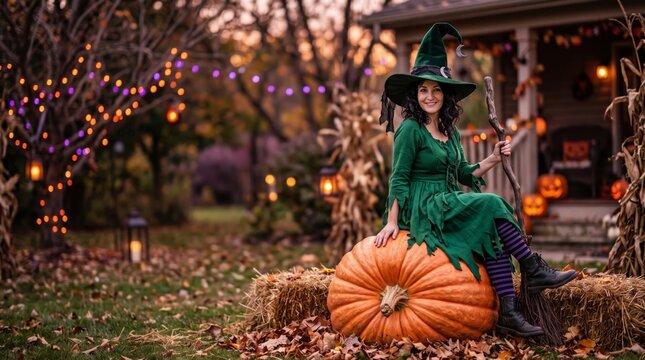 Smiling woman in a green witch costume sits on a giant pumpkin with a broom in a decorated Halloween yard