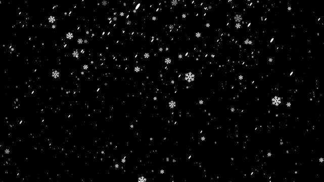 Snowflakes falling with bokeh effect and winter glitter shine layer on black background, slowly falling snow effect with falling snowflakes and snow ground, Shallow depth of field.4k video