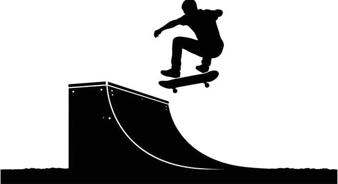 Dynamic black silhouette of a skilled skateboarder performing an extreme mid-air trick above a halfpipe ramp isolated on white background