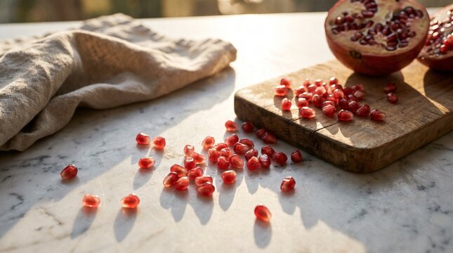 Pomegranate Aril Scattered on a Marble Surface