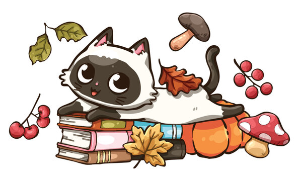 Cute cartoon cat relaxing on a stack of books surrounded by autumn leaves, mushrooms, and berries, creating a cozy seasonal reading scene for books, stationery, and fall designs.