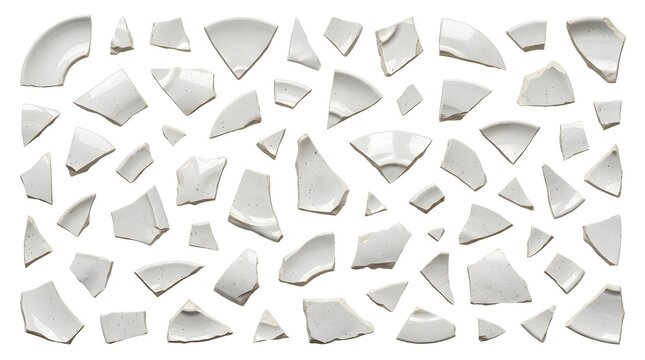 Scattered white ceramic plate fragments creating a broken pattern on white.