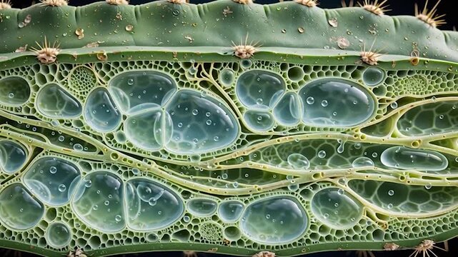 3D Motion Graphic Loop of Microscopic Succulent Cactus Leaf Cross Section showing Water Storage Cells