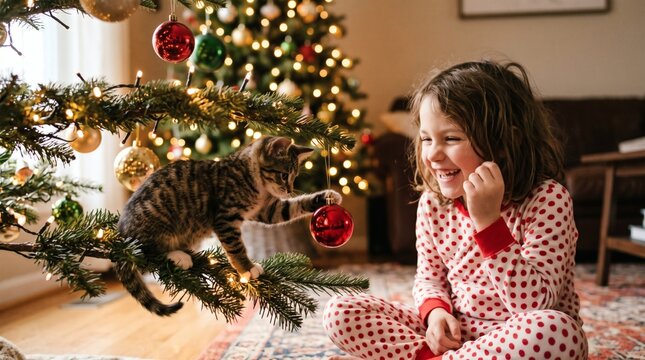 Girl Laughing As Kitten Bats Christmas Ornament On Tree Branch