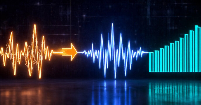 Glowing digital waveform transforms into a frequency spectrum on a dark grid, illustrating signal processing, audio analysis, data visualization, technology, and communications.