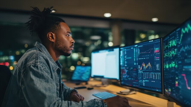 Male cybersecurity analyst monitoring multiple screens and data dashboards at a workstation for security operations center background and technology incident response