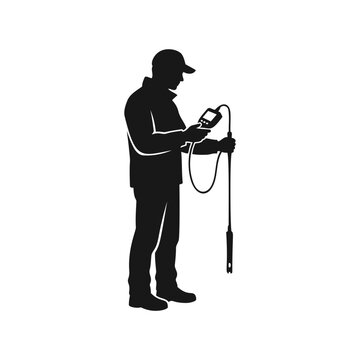 A male technician wearing a cap uses a portable digital probe to measure water quality